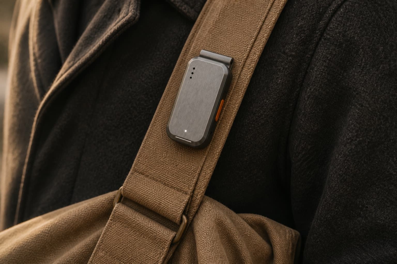 LARS/01 clipped to the canvas shoulder strap of a bag