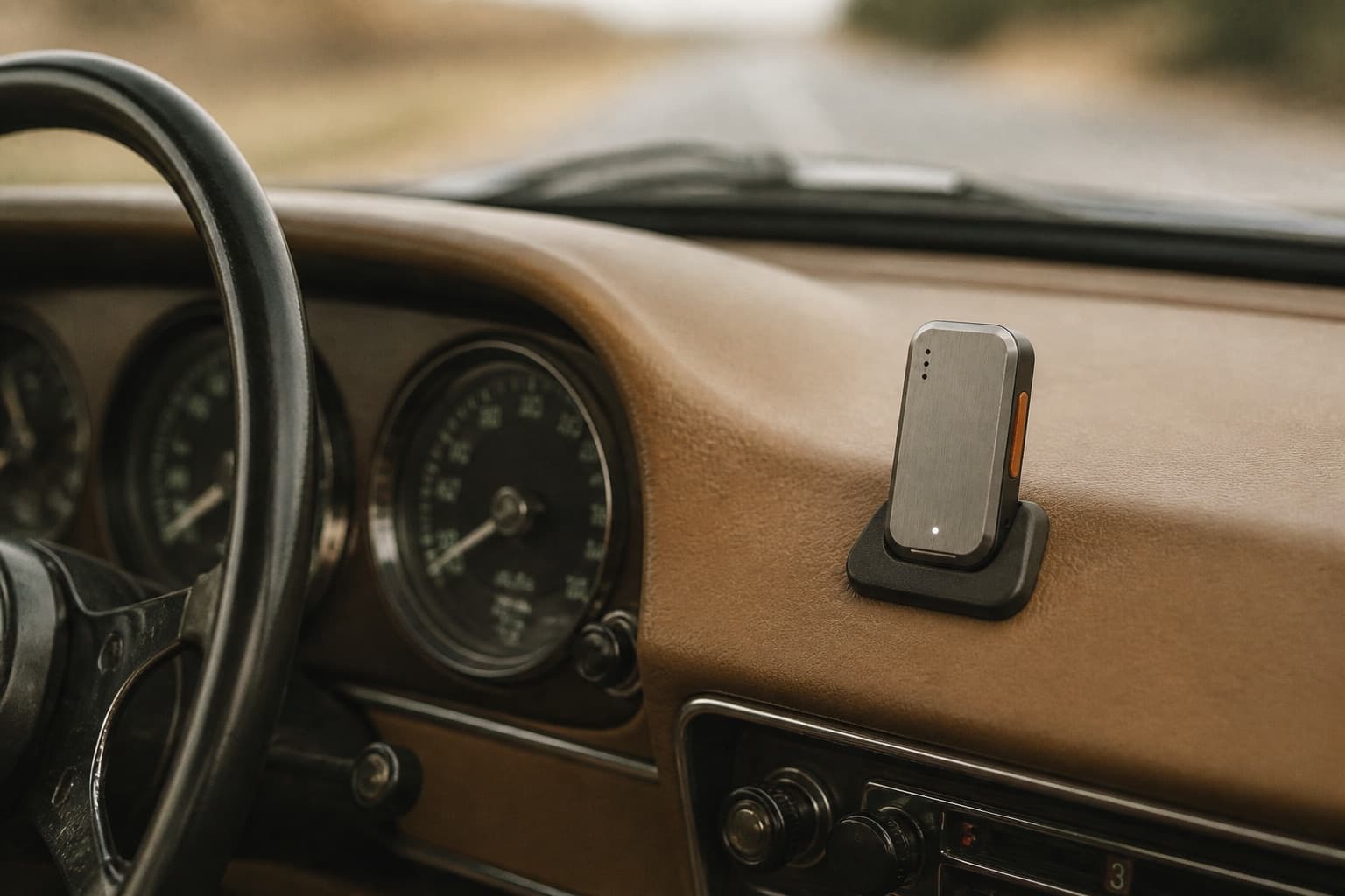 LARS/01 standing in a small cradle on the dashboard of a car