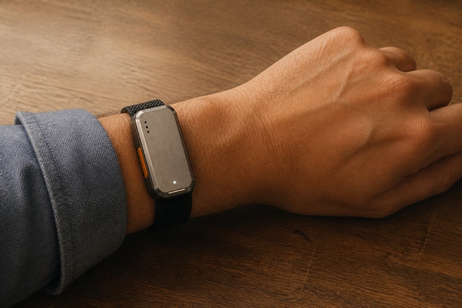 LARS/01 on a woven strap, worn on the wrist of an arm resting on a table