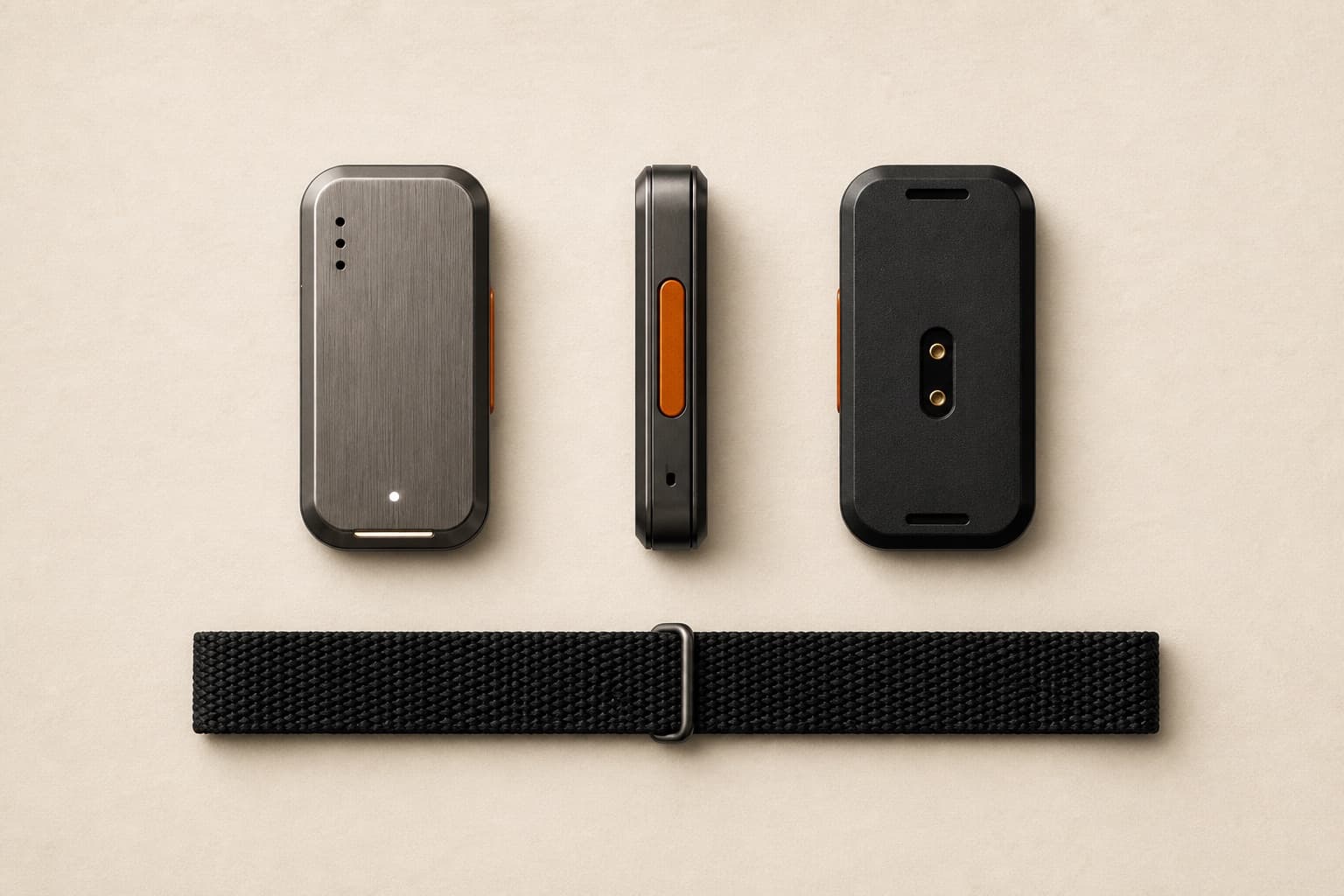Front, edge and back views of LARS/01, showing the brushed steel face, orange side button and charging contacts, with its woven strap laid out beneath