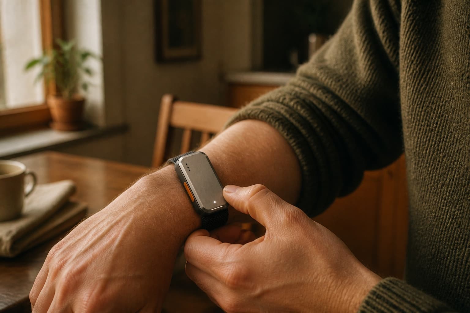 A person pressing the side button of LARS/01, worn on the wrist